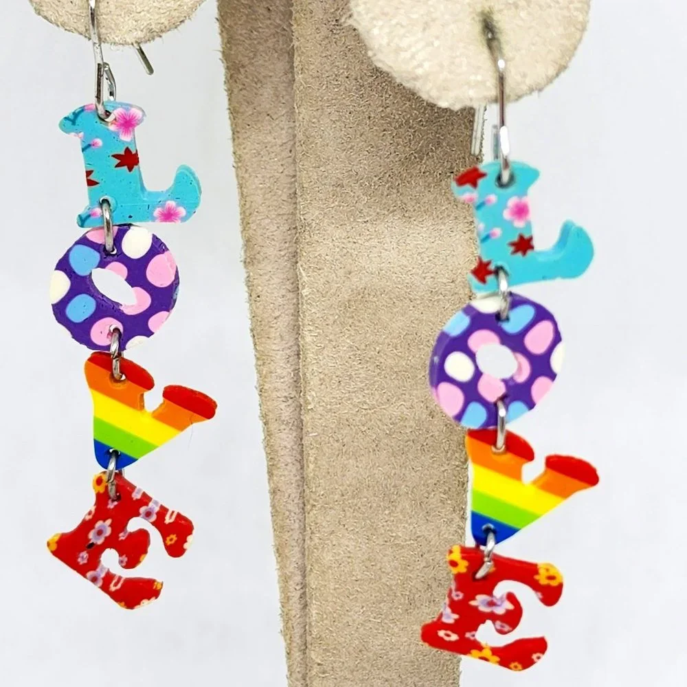 LOVE Long Multi Color Rainbow Dangle Pierced Light Weight Fashion Earrings